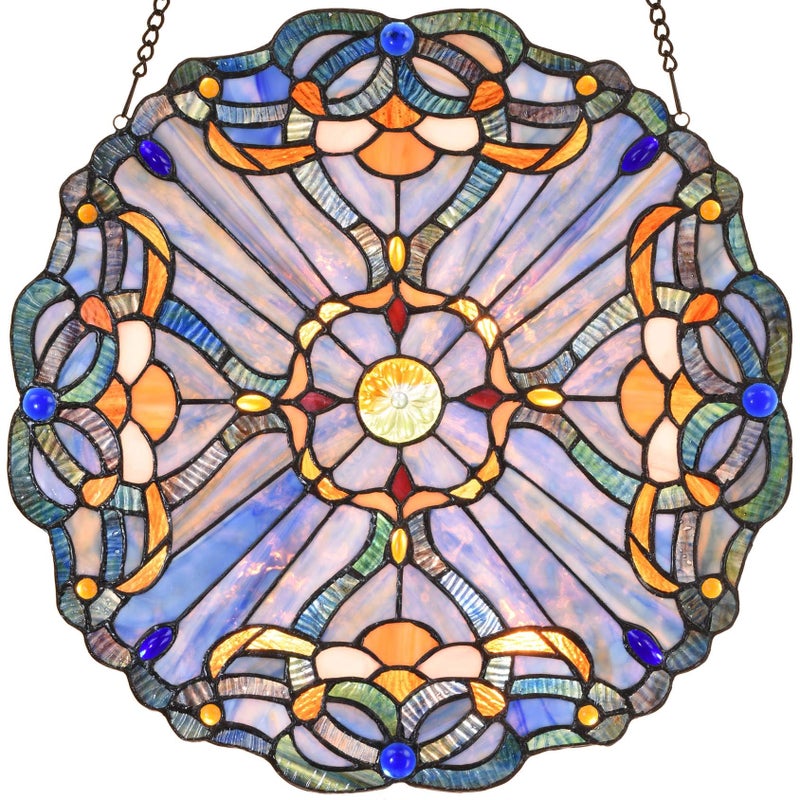 Bieye W10069 Baroque Tiffany Style Stained Glass Window Panel, Round Shape, 16 inches Wide - Image 1